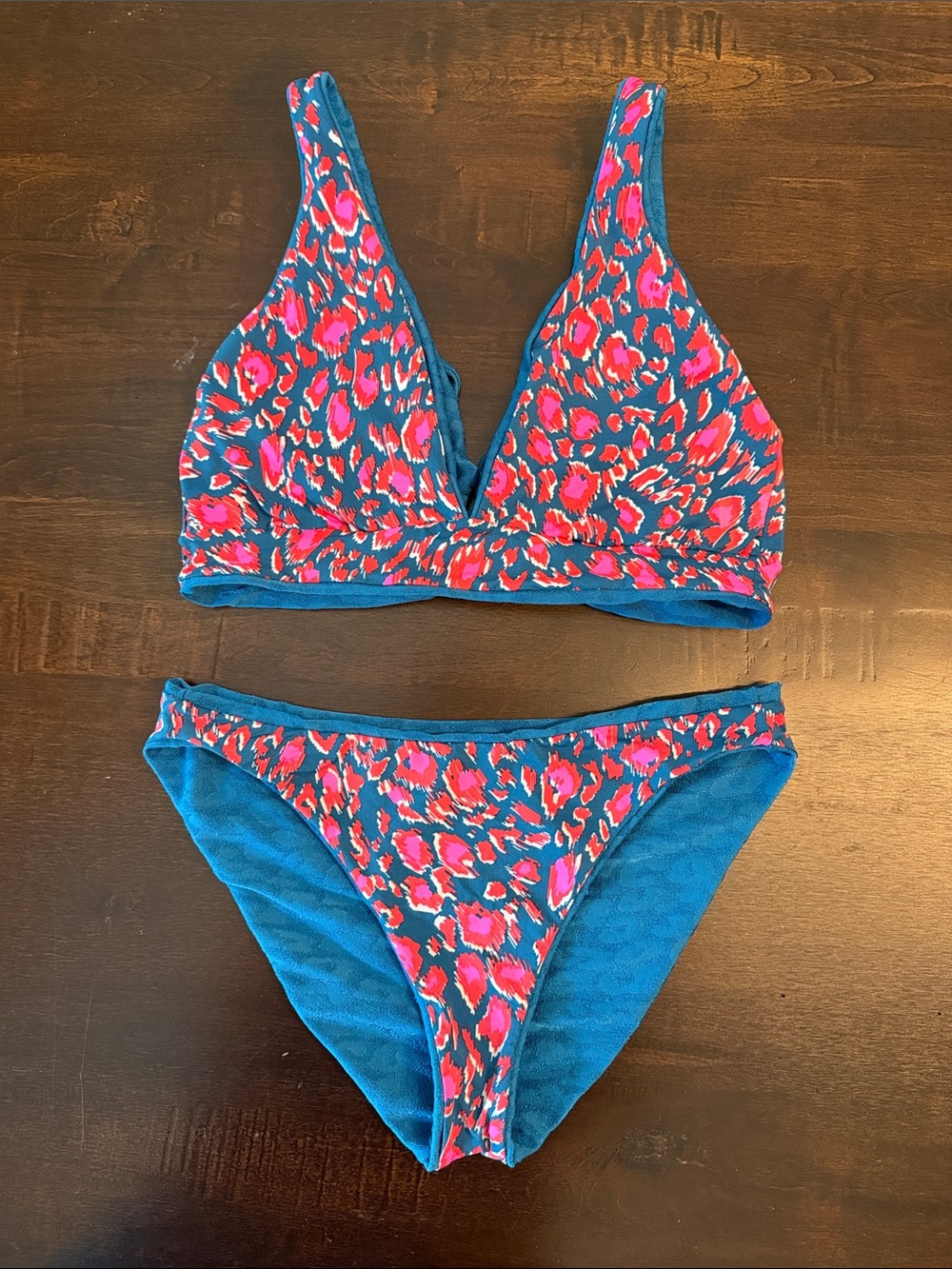 Teal Bikini Set with Pink Leopard Print - Reversible Bikini - Size: M